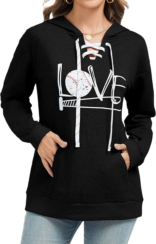 Women's V Neck Long Sleeve Baseball Hoodie Sweatshirt Pullover Loose Mom Shirt