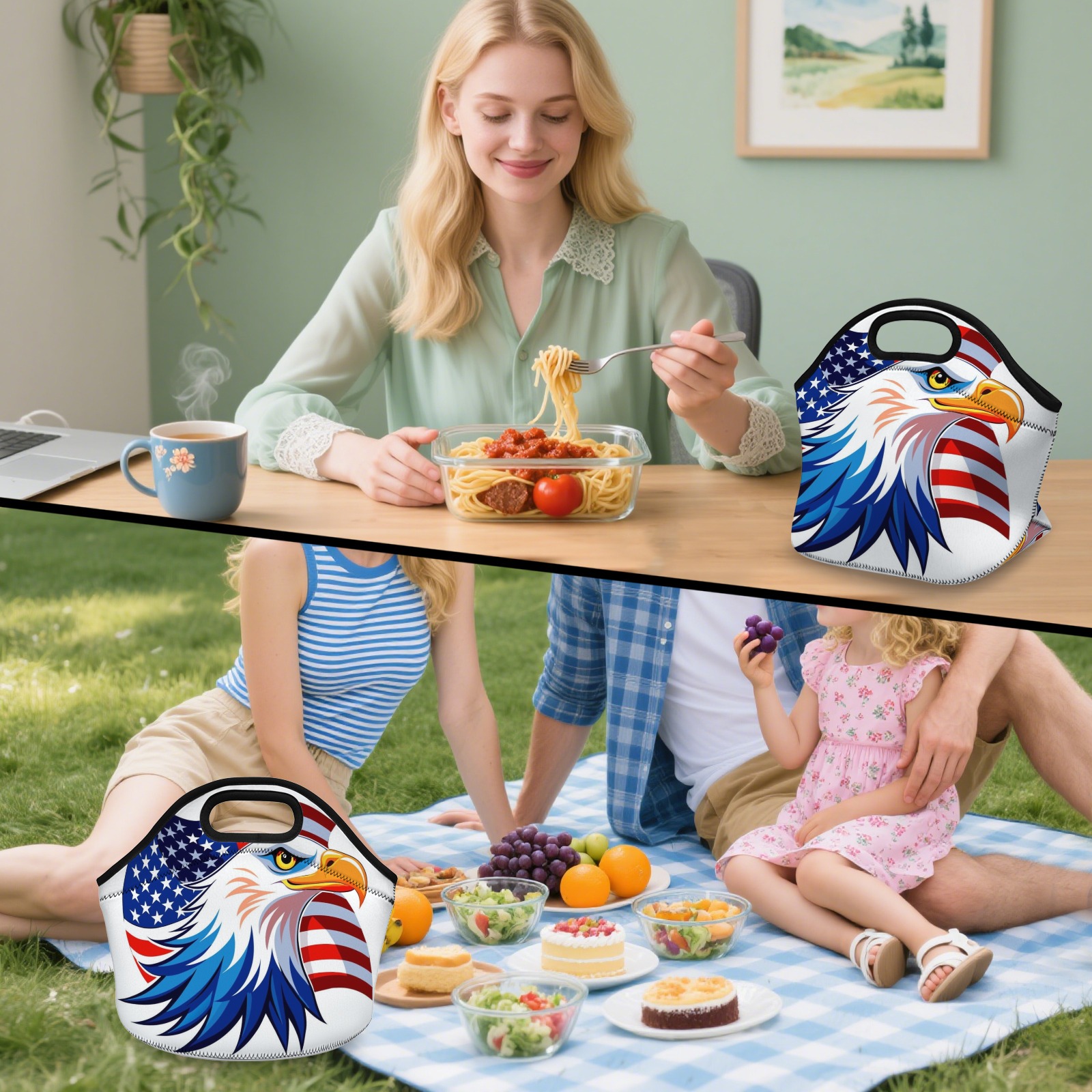 American Eagle & Flag Neoprene Lunch Bag - Insulated Tote for Work, Picnics-Pixelunique