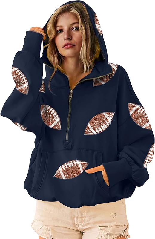 Womens Game Day Sweatshirts Football Sequin Hoodies Tailgate Outfits Long Sleeve Zipper Sweaters with Pocket
