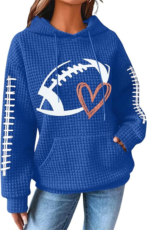 Game Day Hooded Sweatshirt Women Funny Football Graphic Shirt Waffle Knit Game Day Pullover Hoodies Long Sleeve