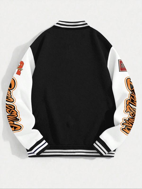 Men's Baseball Jacket with Letter Print, Long Sleeve Fitted Pilot Coat, Casual Daily Wear, Thick Fabric, Fall & Winter Fashion