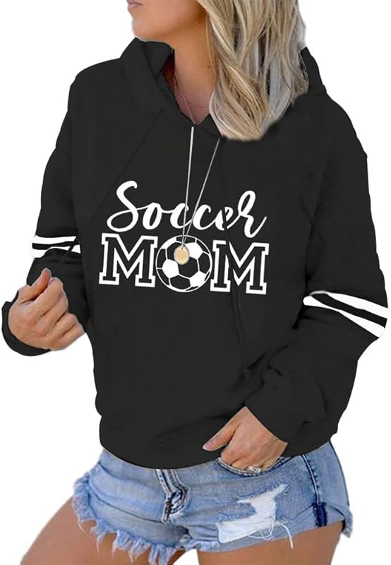 Womens Soccer Mom Hoodies Long Sleeve Casual Loose Striped Soccer Graphic Sweatshirt with Pocket