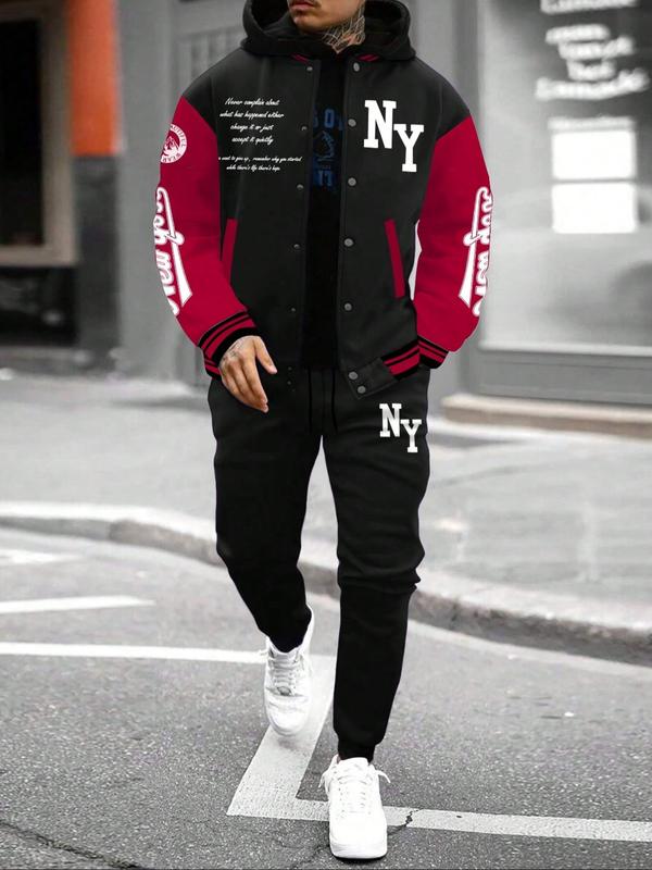 Men's Letter Print Slogan Baseball Jacket & Pants Two-piece Set, Loose Casual Long Sleeve Baseball Collar Outerwear & Trousers for Daily Wear, Men's Two-piece Outfits for Fall & Winter