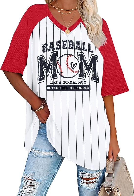 Baseball Mom Shirts for Women - Oversized V Neck Baseball Jersey Shirt Stripe Graphic Print Casual Tops Tees