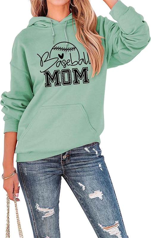 Womens Hoodies Baseball Mom Letter Graphic Sweatshirt Long Sleeve Casual Hooded Pullovers Fall Loose Lightweight Tops