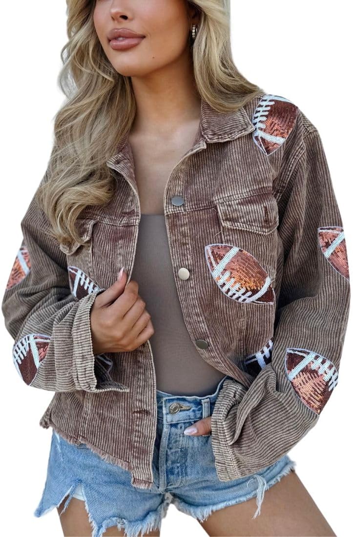 Women's Game Day Outfit Jacket Football Sequin Patched Raw Hem Cropped Corduroy Shacket Coat