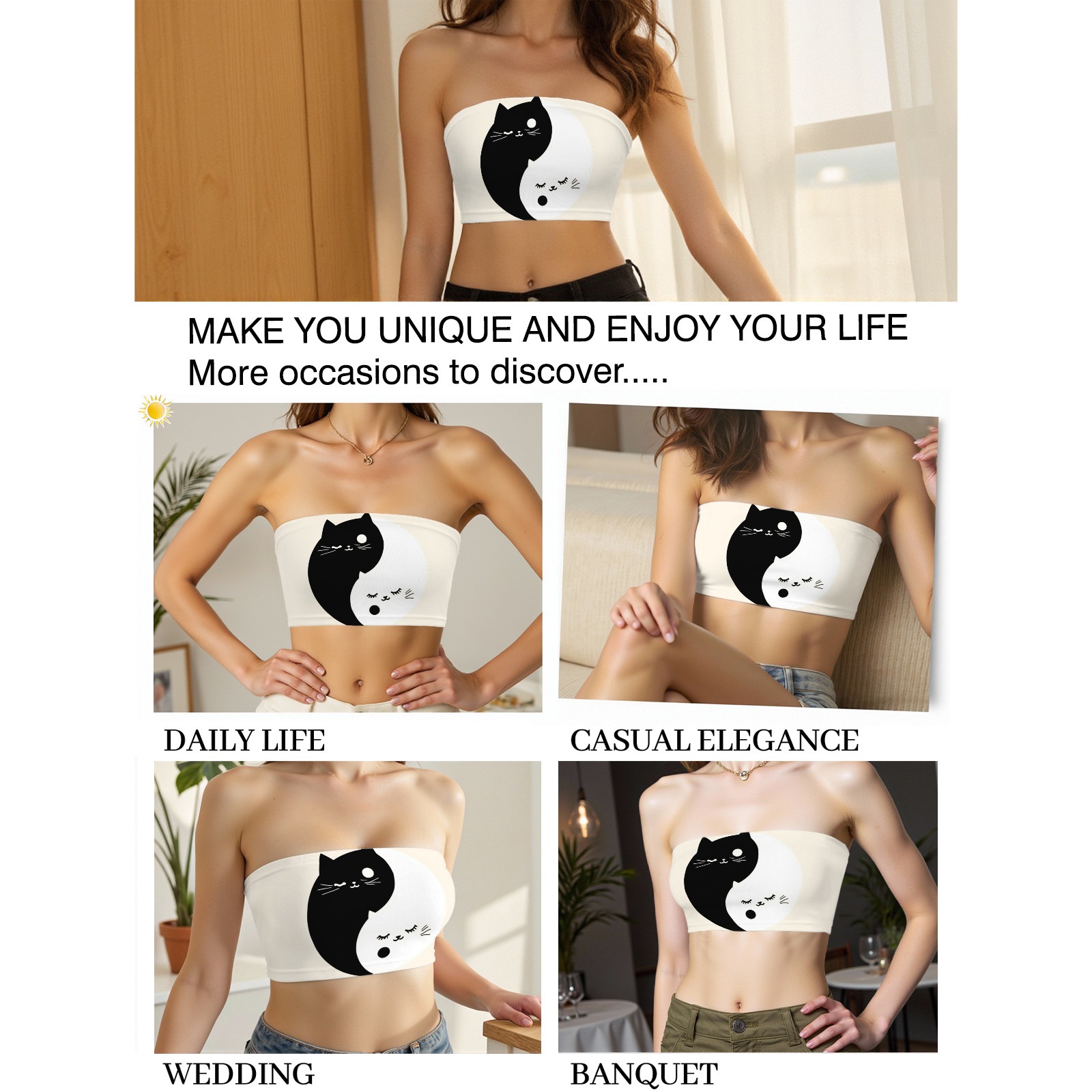 Women's Yin - Yang Cat Print Tube Top - Strapless Stretchy Summer Crop Top-Pixelunique