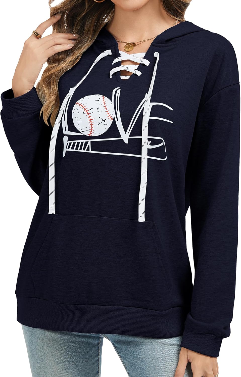 Women's V Neck Long Sleeve Baseball Hoodie Sweatshirt Pullover Loose Mom Shirt