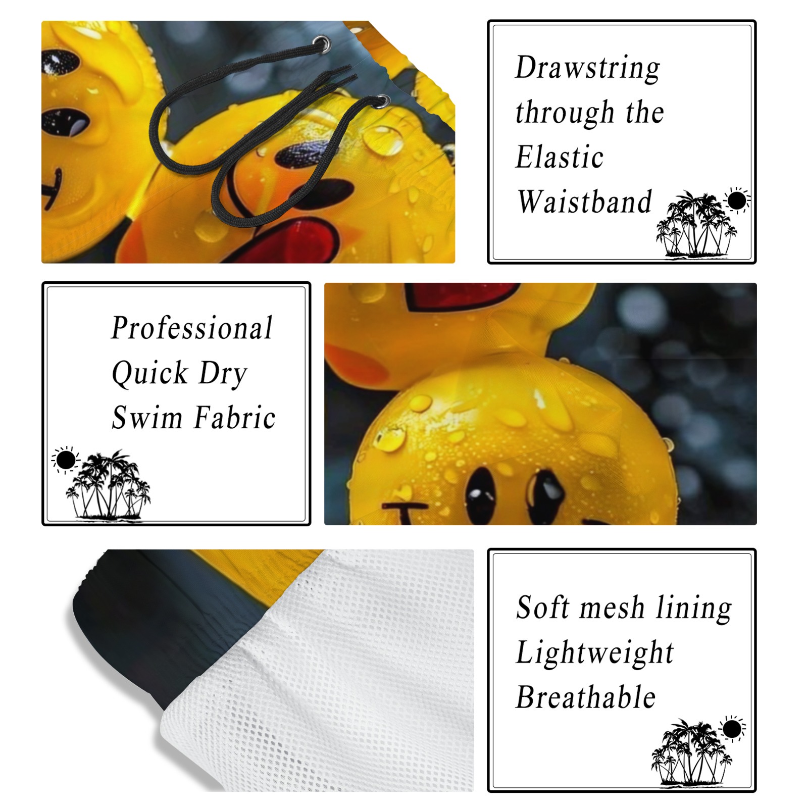 Men's Smiley Emoji Print Beach Shorts