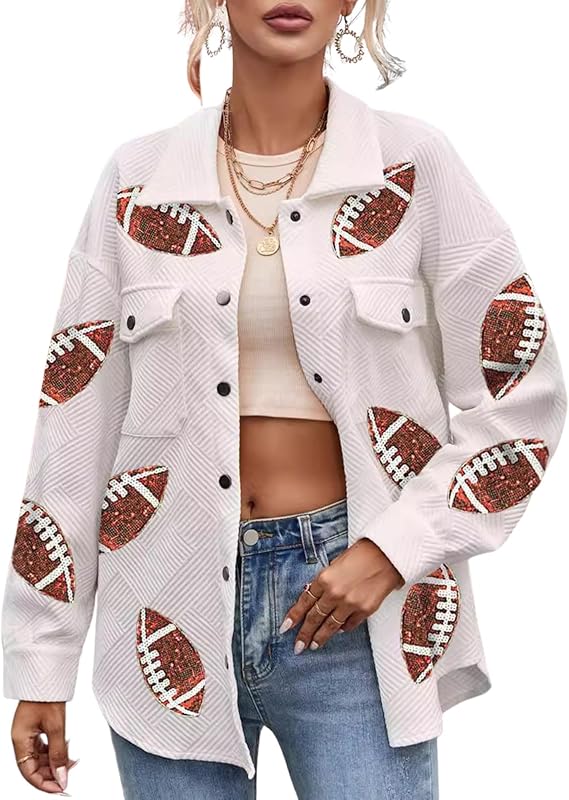 Women's Football Corduroy Sequin Jackets Button Down Long Sleeves Rugby Game Day Coat