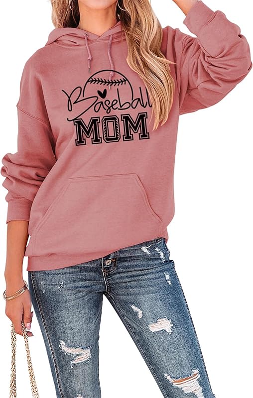 Womens Hoodies Baseball Mom Letter Graphic Sweatshirt Long Sleeve Casual Hooded Pullovers Fall Loose Lightweight Tops