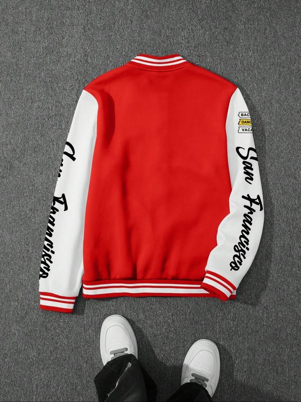 Men's Baseball Jacket Colorblock Letter Print Long Sleeve Fitted Pilot Coat, Preppy Style Winter Knit Outerwear, Casual Daily Wear