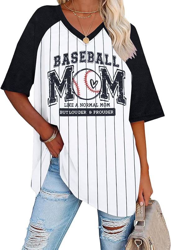 Baseball Mom Shirts for Women - Oversized V Neck Baseball Jersey Shirt Stripe Graphic Print Casual Tops Tees