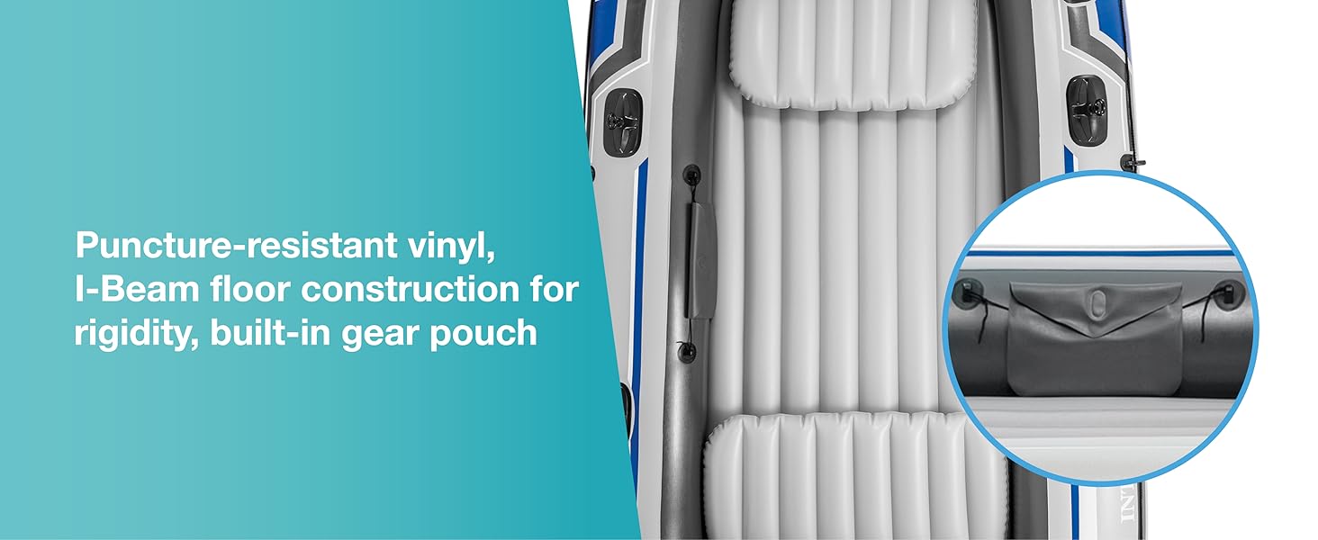 Puncture-resistant vinyl, I-Beam floor construction for rigidity, built-in gear pouch