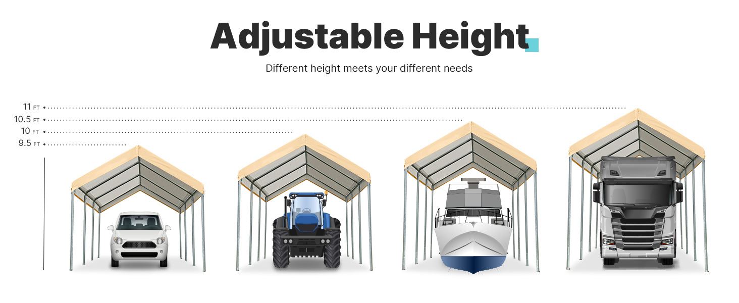 multi-purpose canopy with adjustable height from 9.5 ft to 11 ft