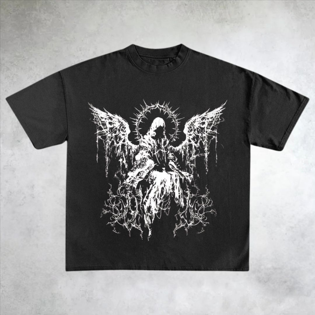 Black Distressed Angel Graphic Cotton T-Shirt