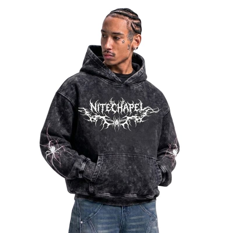 Arachnid Web Metal Logo Washed Hoodie