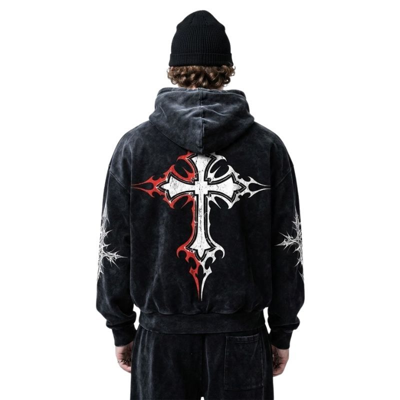 Red Gothic Cross Cyber Sigilism Hoodie