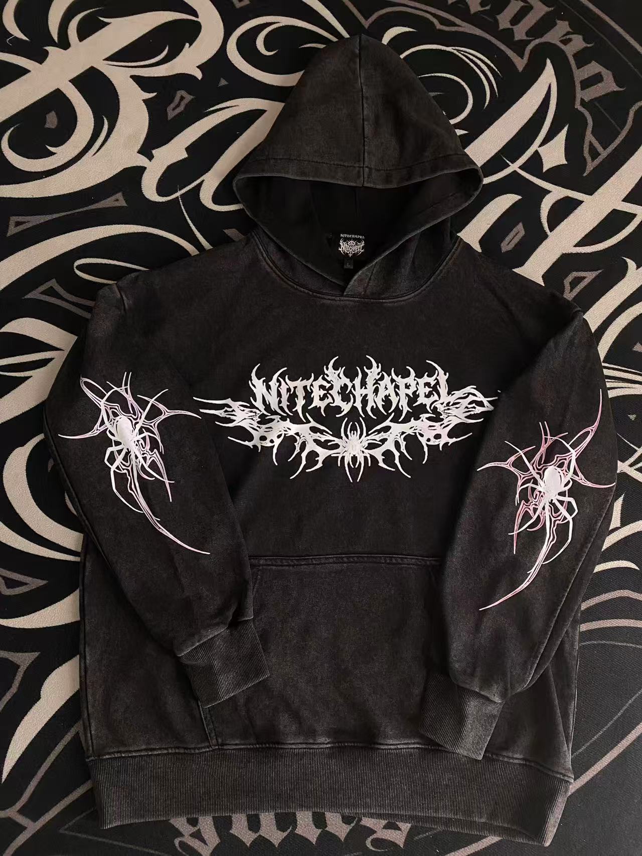 Arachnid Web Metal Logo Washed Hoodie