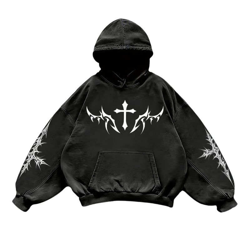 nitechapel-red-gothic-cross-hoodie-washed-black-front