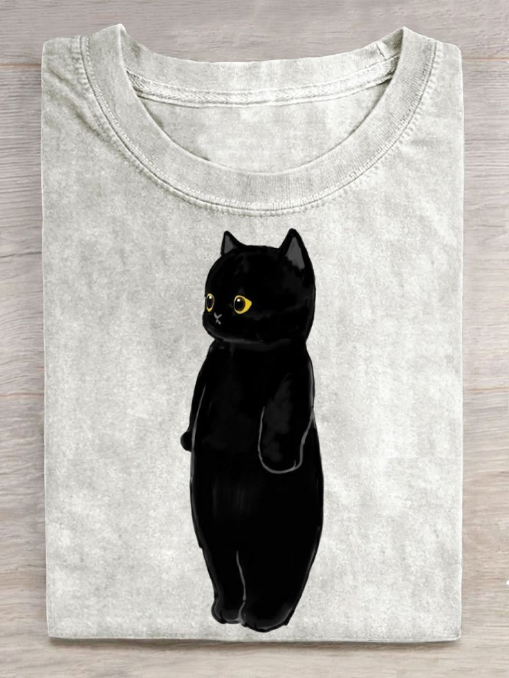 Funny Little Black Kitten Art Print Casual Short Sleeve T-shirt