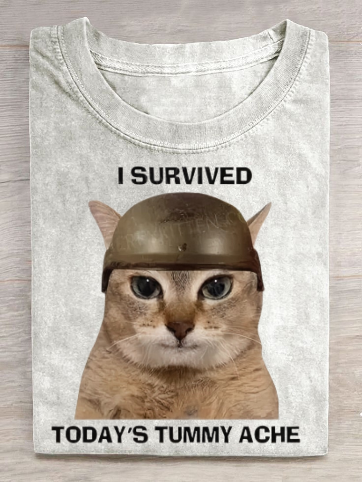 Funny SURVIVED Cat Art Print Casual Short Sleeve T-shirt
