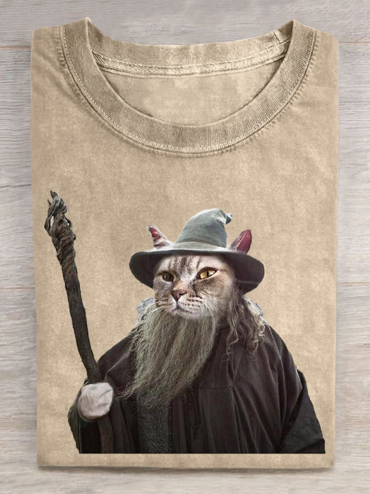 Cat Wizard Meme Funny Vintage Print Crew Neck T-shirt