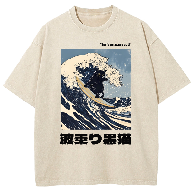 Cuddlefurry™ | Black Cat Great Wave Vintage Wash Japanese Design T-Shirt