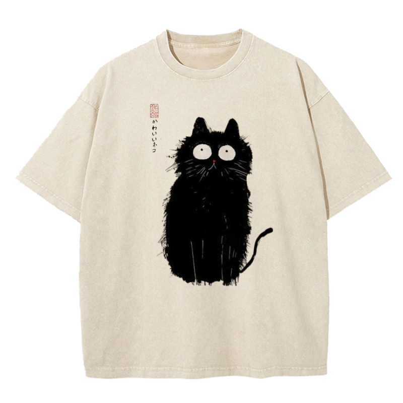 Cuddlefurry™ | Black Cat With Puffed-up Fur Washed T-Shirt