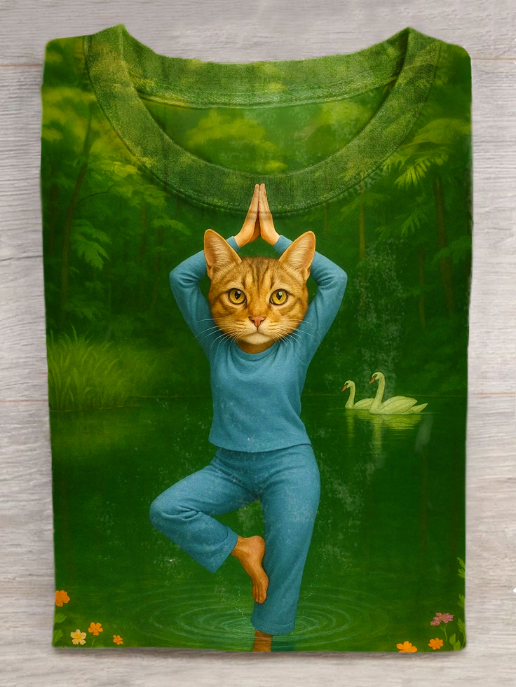 Yoga Cat Art Print Casual Short Sleeve T-shirt