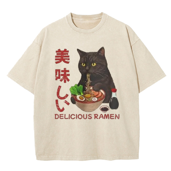 Cuddlefurry™ | Black Cat Eating Delicious Ramen Japan Washed T-Shirt