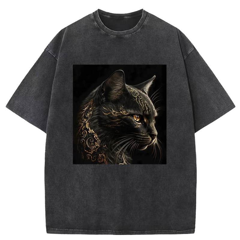 Cuddlefurry™ | Black gold metal cat Washed T-Shirt