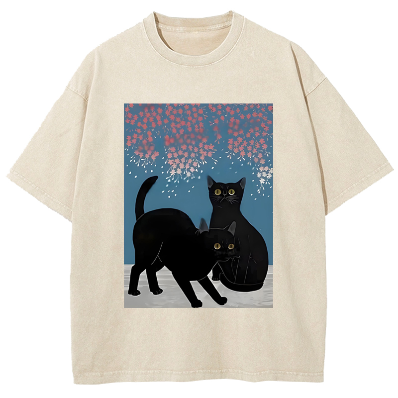 Cuddlefurry™ | Black Cat Under The Sakura Washed T-Shirt