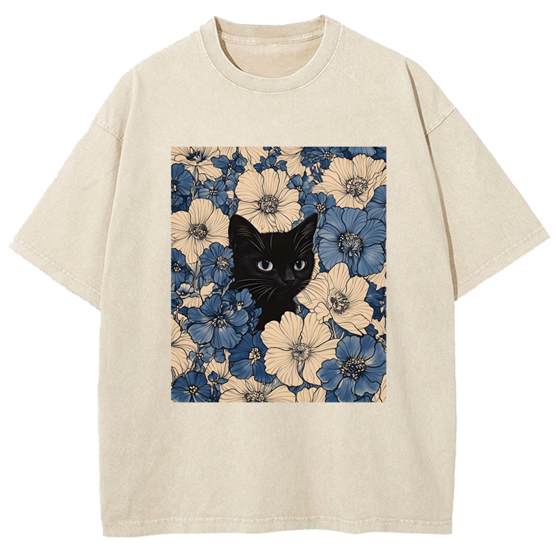Cuddlefurry™ | Cat & Flowers Washed T-Shirt