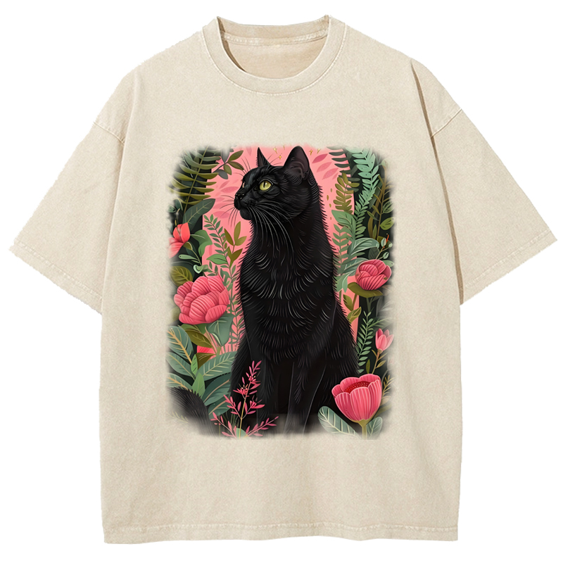 Cuddlefurry™ | Black Cat & Garden Washed T-Shirt