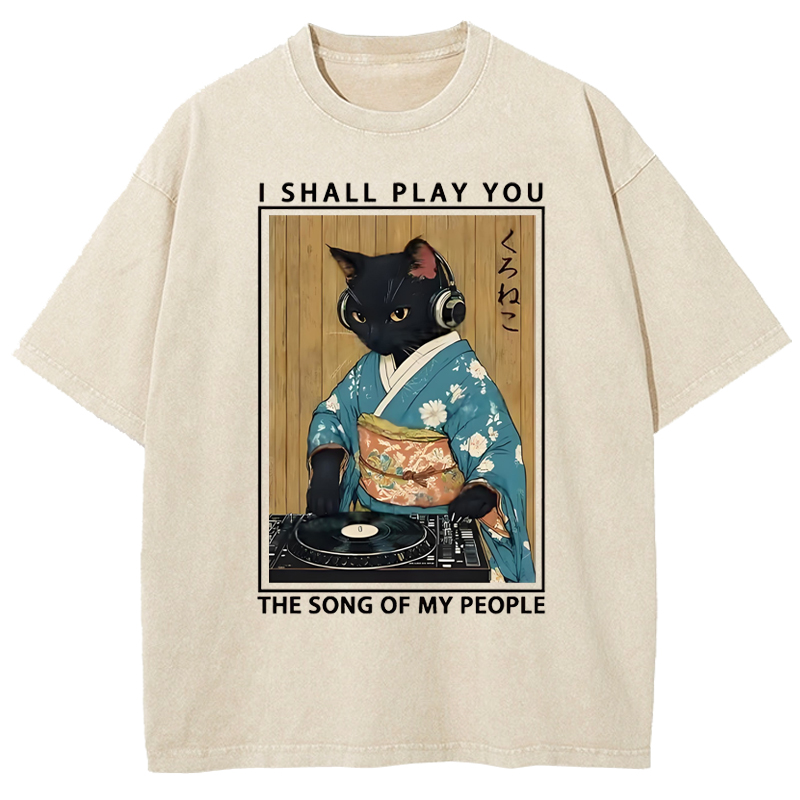 Cuddlefurry™ | Funny Playing Music Black Cat Washed T-Shirt