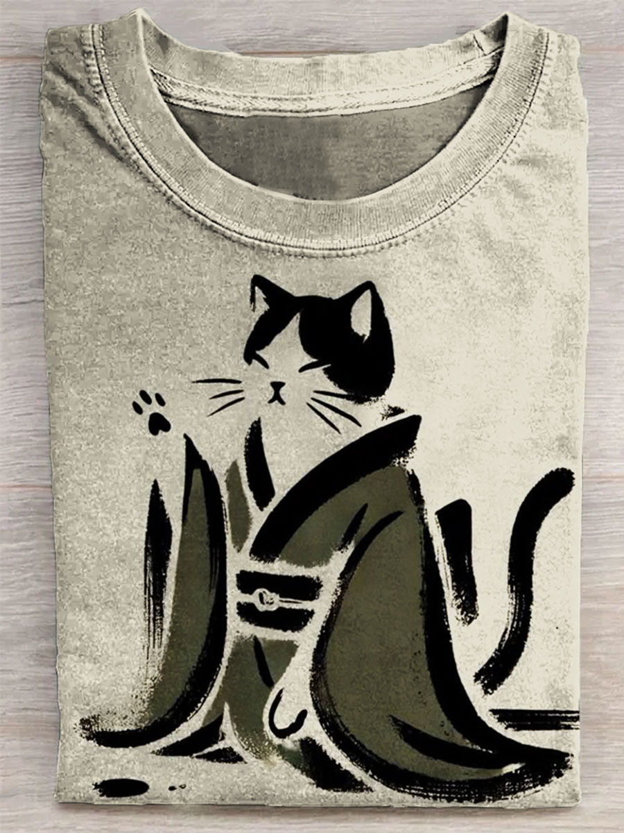 Japanese Cat Print Casual Top