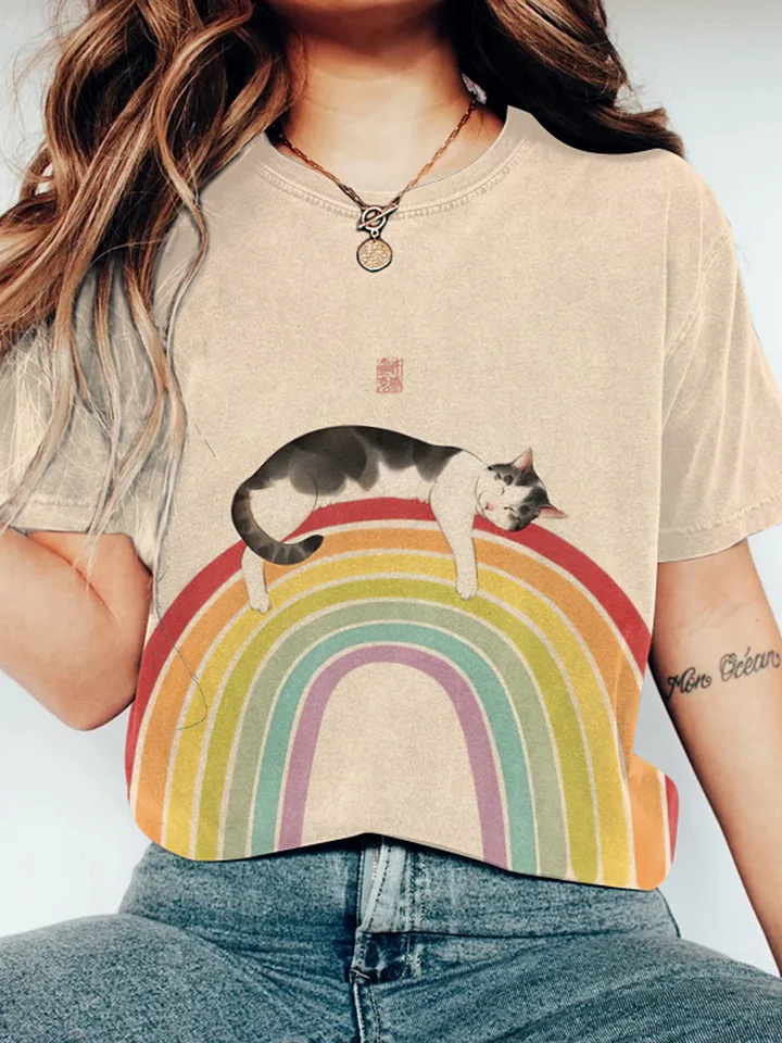 Japanese Art Casual Cat Rainbow Print Round Neck T-Shirt