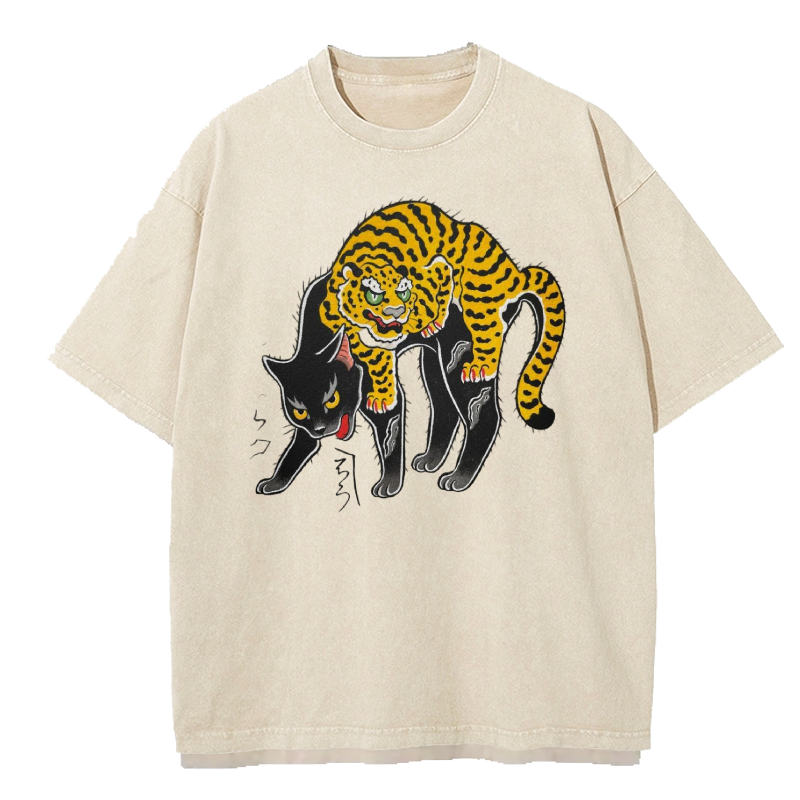 Cuddlefurry™ | Tiger and Black Cat Washed T-Shirt