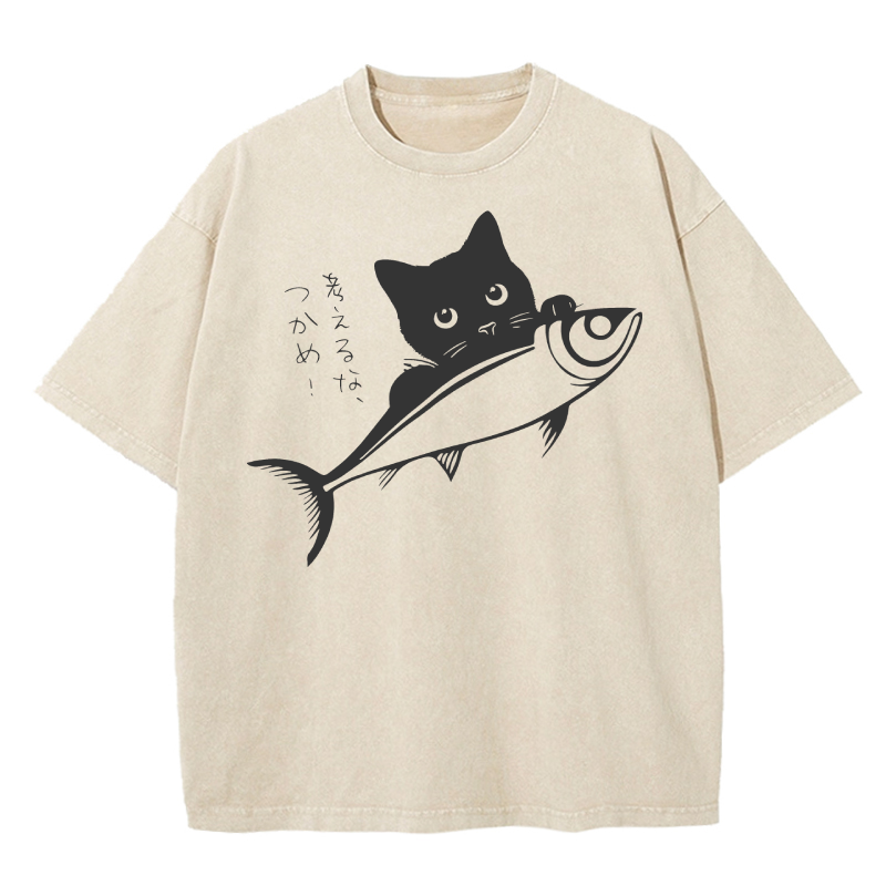 Cuddlefurry™ | Black Cat Eat Fish Kawaii Cat Meme Washed T-Shirt