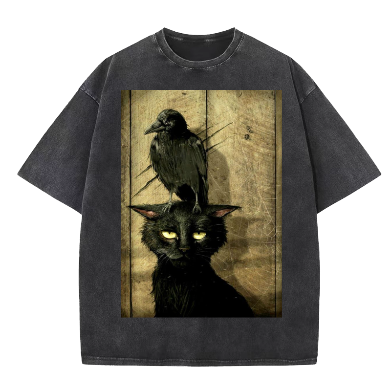 Cuddlefurry™ | Crow and black cat Washed T-Shirt