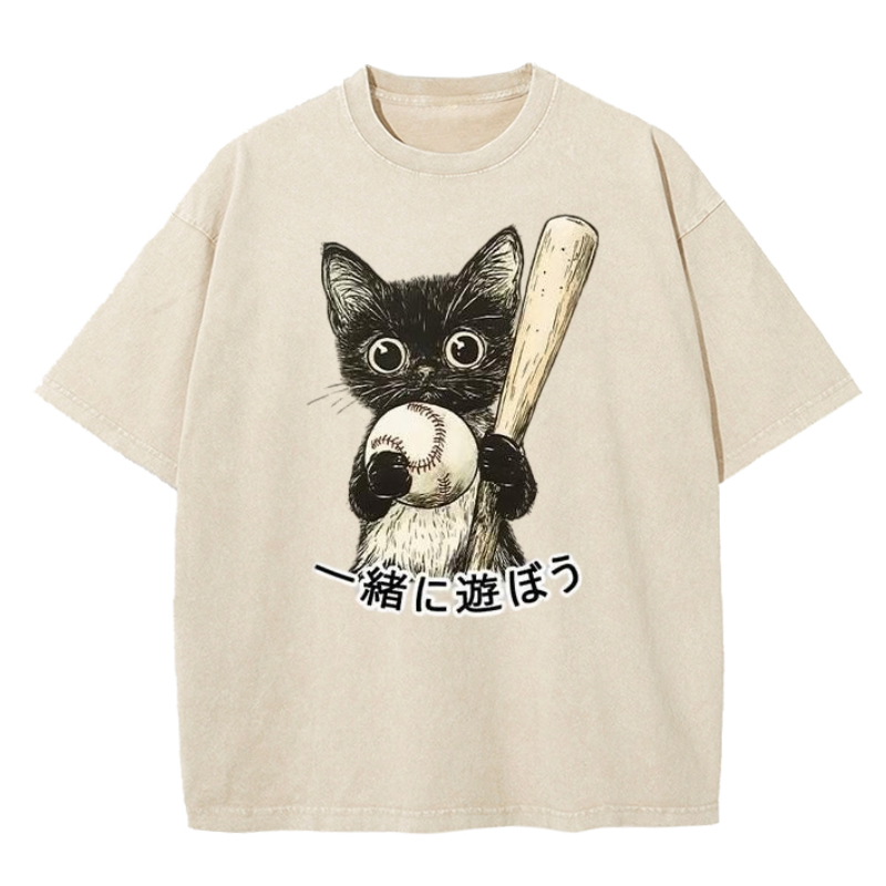 Cuddlefurry™ | Cute Cat Playing Baseball Washed T-Shirt