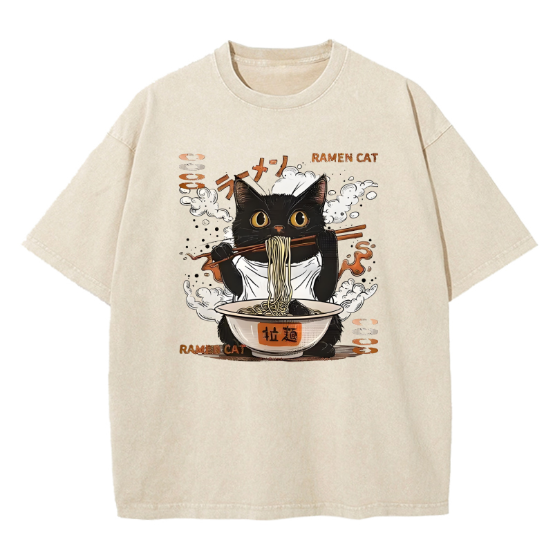 Cuddlefurry™ | Cat Chef Eating Ramen Washed T-Shirt