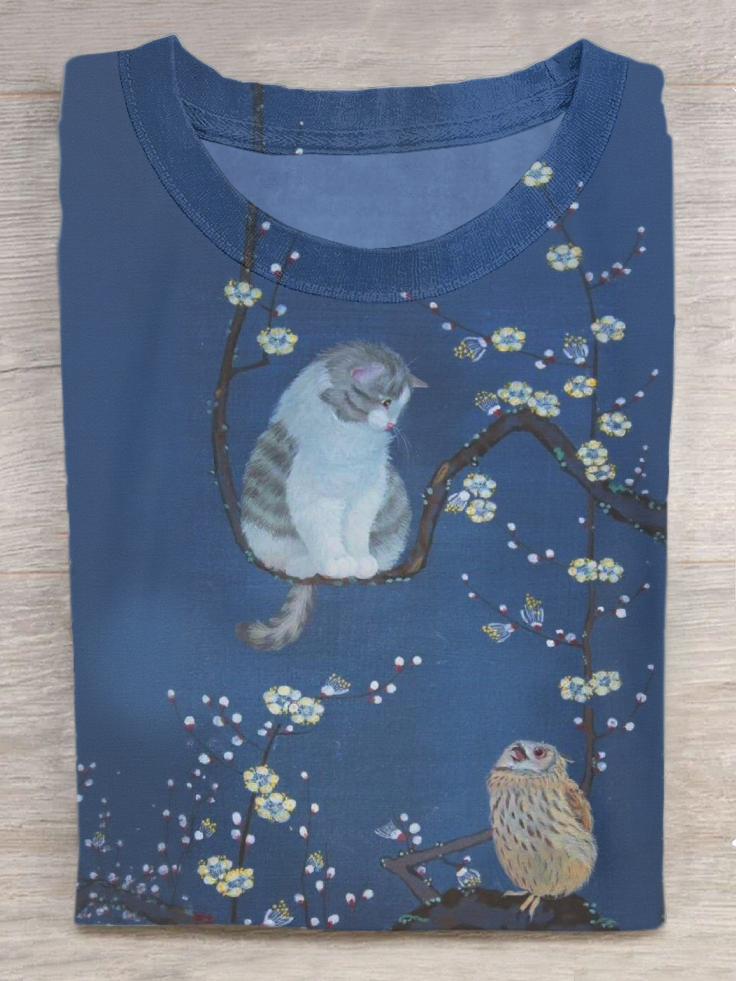 Cat And Owl Art Print Casual Short Sleeve T-Shirt