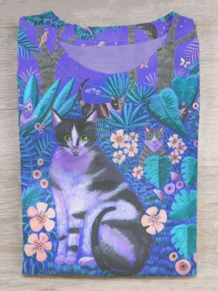 Vintage Floral Cat Art Print Casual Short Sleeve T-shirt