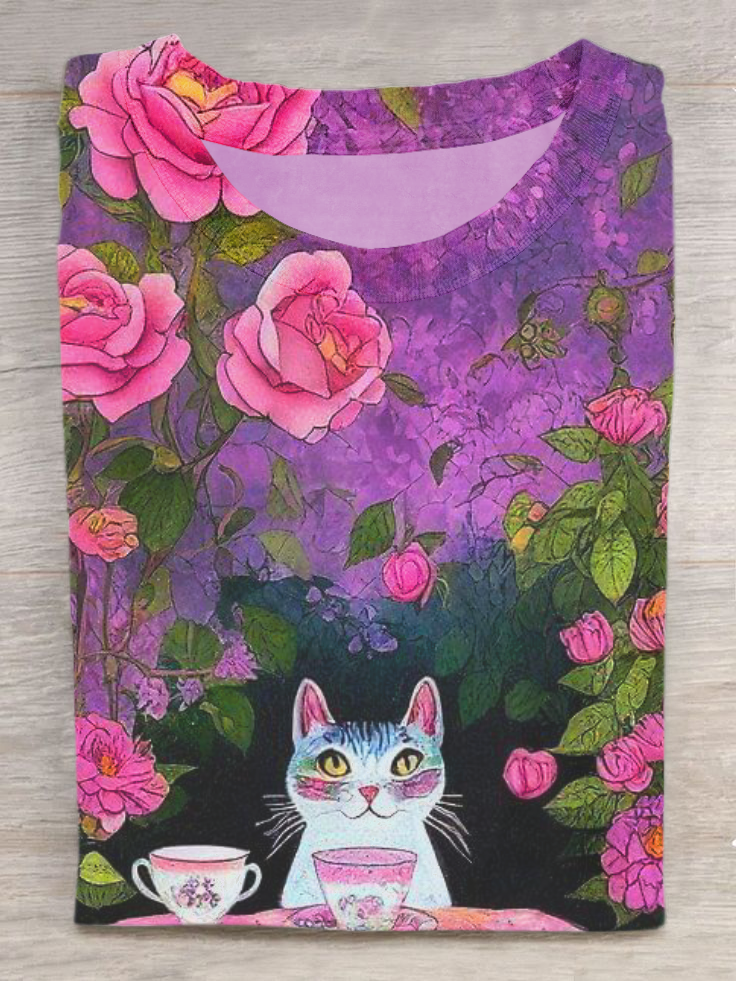 Cute Floral Cat Art Print Casual Short Sleeve T-shirt