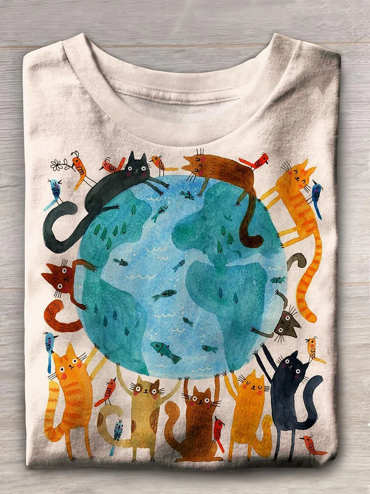 Retro Cat And Earth Print Casual Crew Neck Short Sleeve T-Shirt