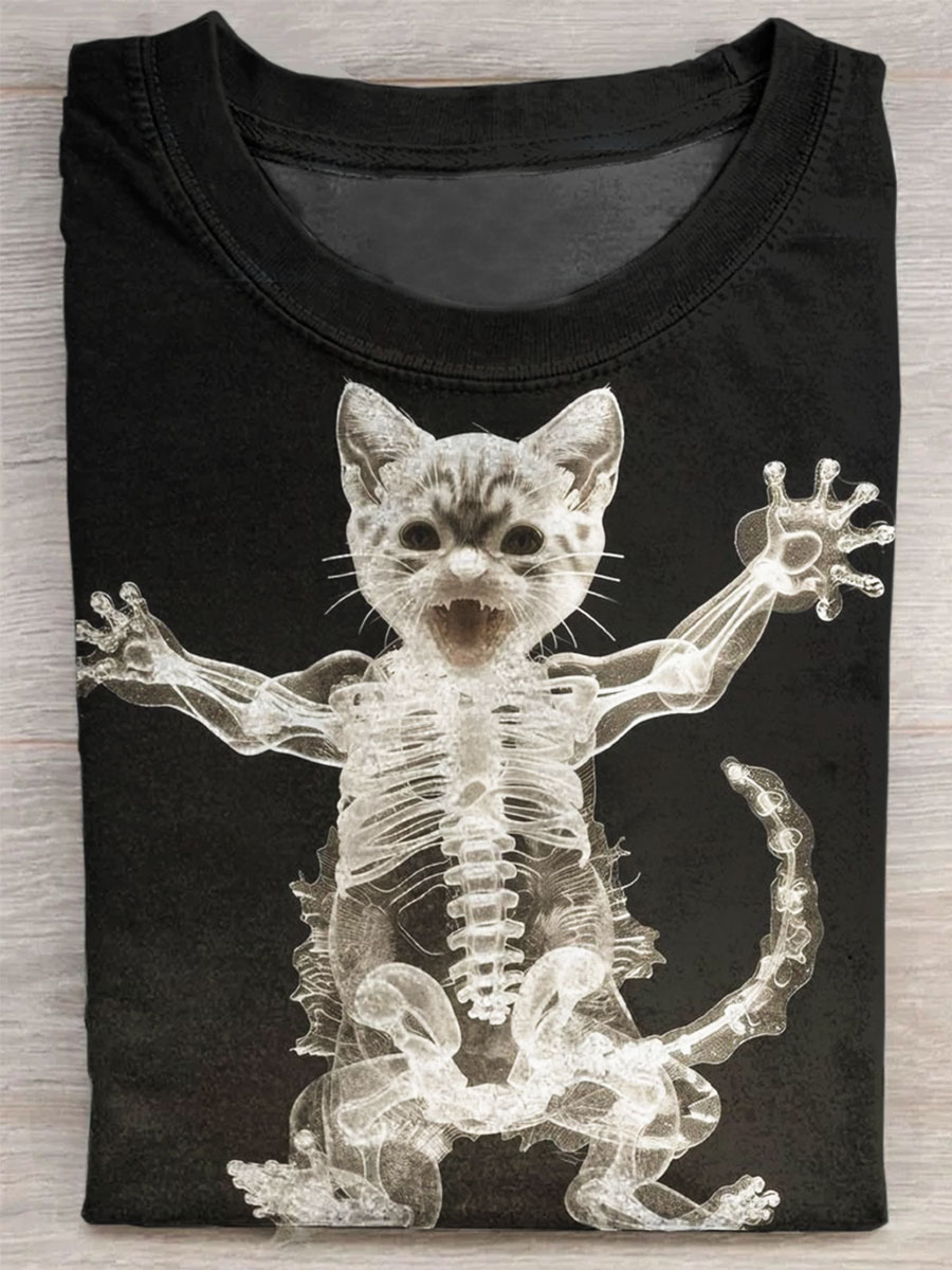 Skeleton Cat Print Short Sleeve T-shirt