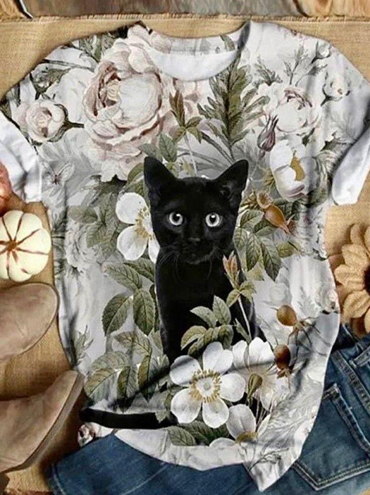 Black Cat Art Print Casual Short Sleeve T-shirt