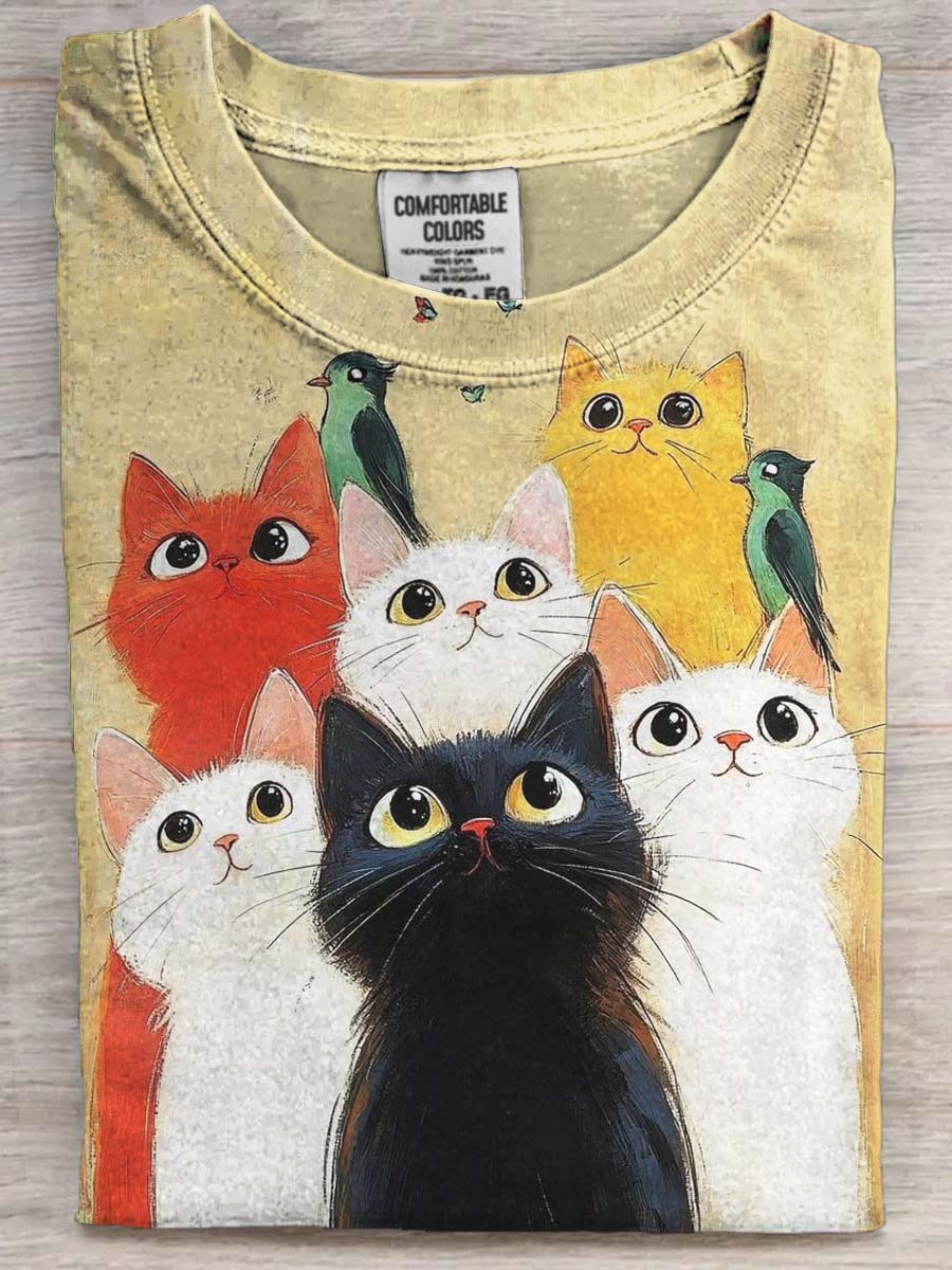 Cute Cat Group Bird Print Casual Short Sleeve T-Shirt